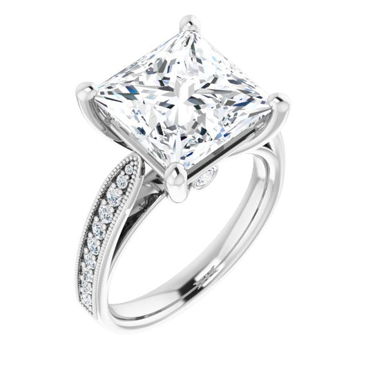 10K White Gold Customizable Princess/Square Cut Style featuring Milgrained Shared Prong Band & Dual Peekaboos