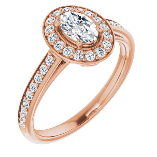 10K Rose Gold Customizable Cathedral-raised Oval Cut Halo-and-Accented Band Design