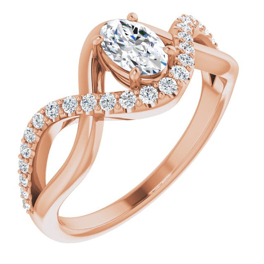 10K Rose Gold Customizable Oval Cut Design with Semi-Accented Twisting Infinity Bypass Split Band and Half-Halo