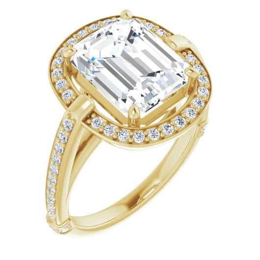 10K Yellow Gold Customizable High-Cathedral Emerald/Radiant Cut Design with Halo and Shared Prong Band