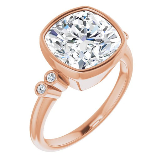 10K Rose Gold Customizable 5-stone Bezel-set Cushion Cut Design with Quad Round-Bezel Side Stones