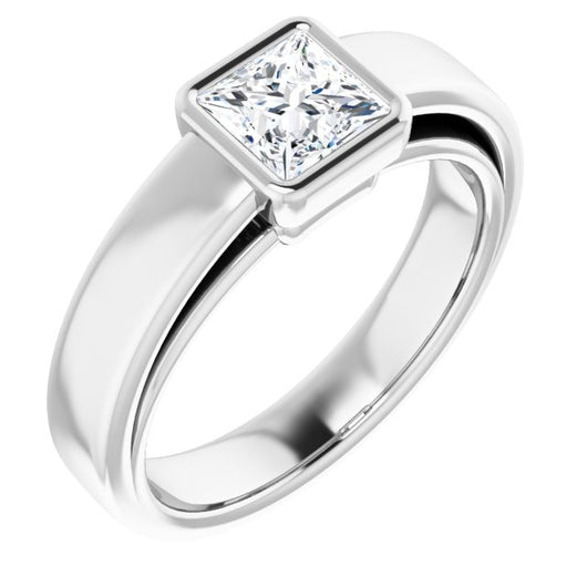 10K White Gold Customizable Cathedral-Bezel Princess/Square Cut Solitaire with Wide Band