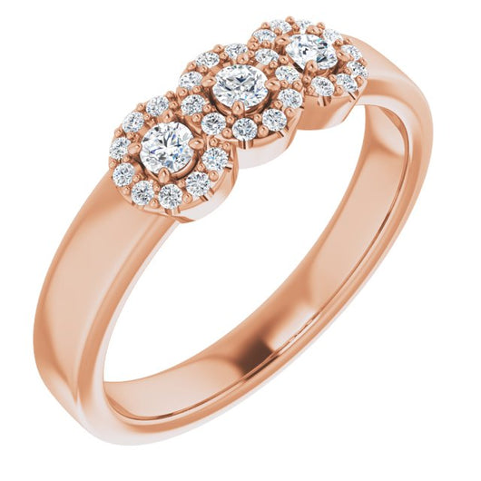 10K Rose Gold Customizable Round Cut Triple Halo 3-stone Design