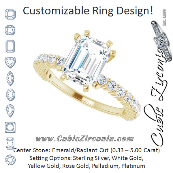 Cubic Zirconia Engagement Ring- The Thea (Customizable 8-prong Emerald Cut Design with Thin, Stackable Pavé Band)