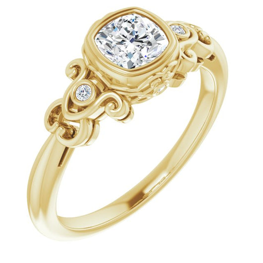 10K Yellow Gold Customizable 5-stone Design with Cushion Cut Center and Quad Round-Bezel Accents