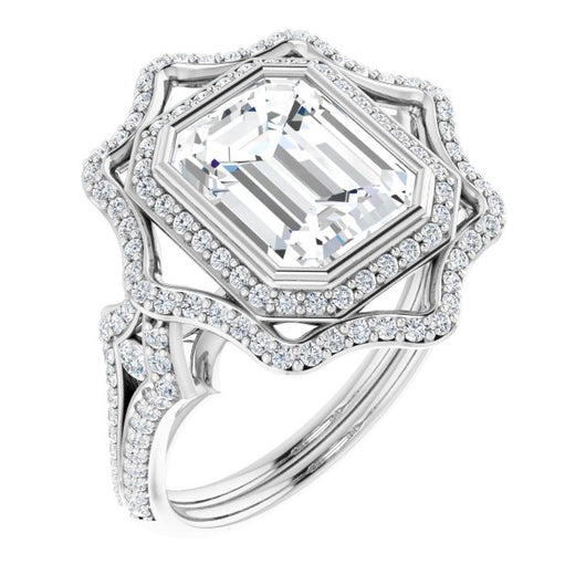 10K White Gold Customizable Emerald/Radiant Cut Style with Ultra-wide Pavé Split-Band and Nature-Inspired Double Halo