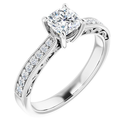 10K White Gold Customizable Cushion Cut Design with Round Band Accents and Three-sided Filigree Engraving