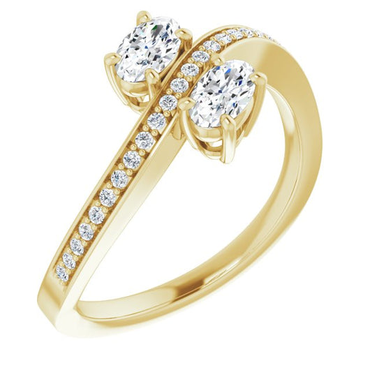 10K Yellow Gold Customizable 2-stone Oval Cut Bypass Design with Thin Twisting Shared Prong Band