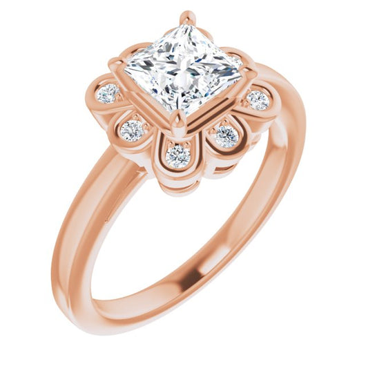 10K Rose Gold Customizable 9-stone Princess/Square Cut Design with Round Bezel Side Stones