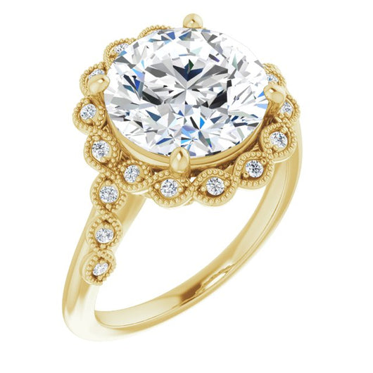 10K Yellow Gold Customizable 3-stone Design with Round Cut Center and Halo Enhancement