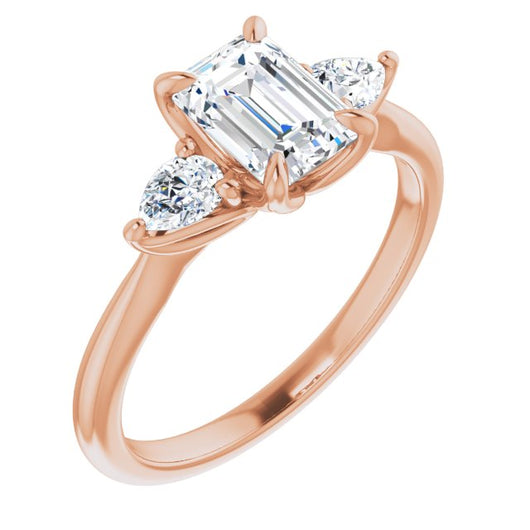 10K Rose Gold Customizable 3-stone Design with Emerald/Radiant Cut Center and Dual Large Pear Side Stones