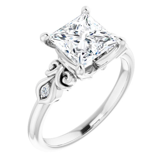 10K White Gold Customizable 3-stone Princess/Square Cut Design with Small Round Accents and Filigree