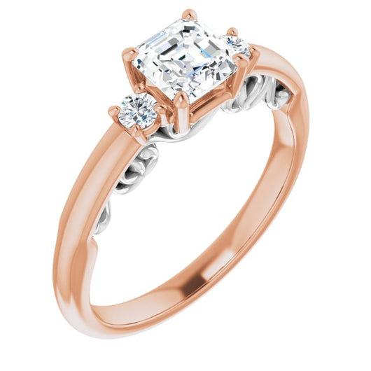 14K Rose & White Gold Customizable Asscher Cut 3-stone Style featuring Heart-Motif Band Enhancement