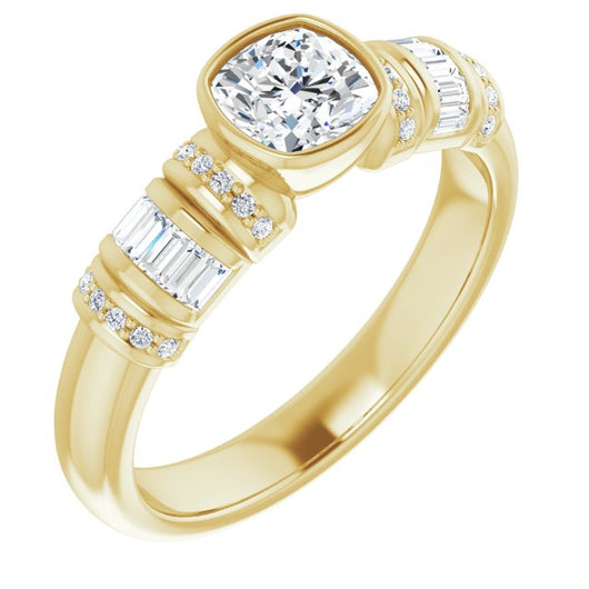 10K Yellow Gold Customizable Bezel-set Cushion Cut Setting with Wide Sleeve-Accented Band