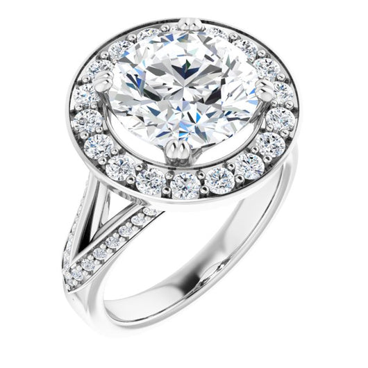 10K White Gold Customizable Round Cut Center with Large-Accented Halo and Split Shared Prong Band