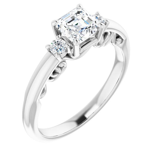 10K White Gold Customizable Asscher Cut 3-stone Style featuring Heart-Motif Band Enhancement