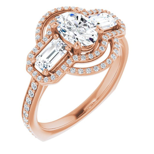 10K Rose Gold Customizable Enhanced 3-stone Style with Oval Cut Center, Emerald Cut Accents, Double Halo and Thin Shared Prong Band