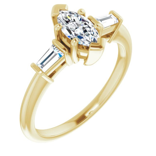 10K Yellow Gold Customizable 3-stone Marquise Cut Design with Dual Baguette Accents)