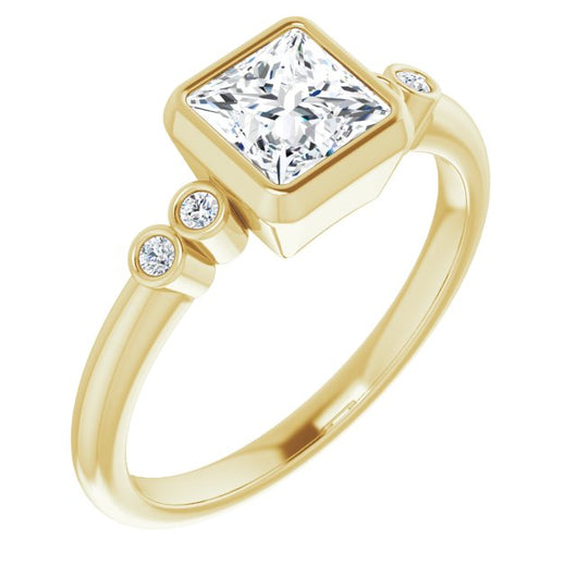 10K Yellow Gold Customizable 5-stone Bezel-set Princess/Square Cut Design with Quad Round-Bezel Side Stones