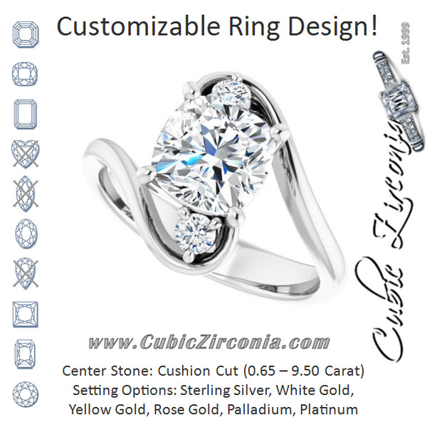 Cubic Zirconia Engagement Ring- The Clarice (Customizable 3-stone Cushion Cut Setting featuring Artisan Bypass)