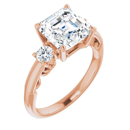 10K Rose Gold Customizable Asscher Cut 3-stone Style featuring Heart-Motif Band Enhancement