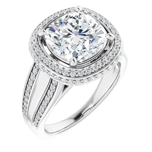 10K White Gold Customizable Halo-style Cushion Cut with Under-halo & Ultra-wide Band