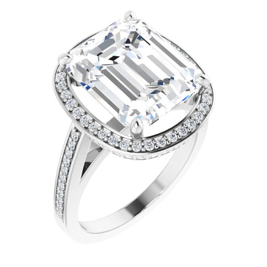 10K White Gold Customizable Cathedral-set Emerald/Radiant Cut Design with Halo, Thin Pavé Band & Round-Bezel Peekaboos