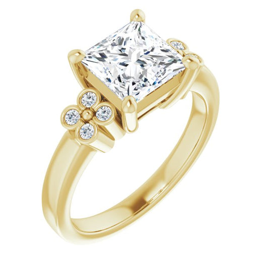 10K Yellow Gold Customizable 9-stone Design with Princess/Square Cut Center and Complementary Quad Bezel-Accent Sets