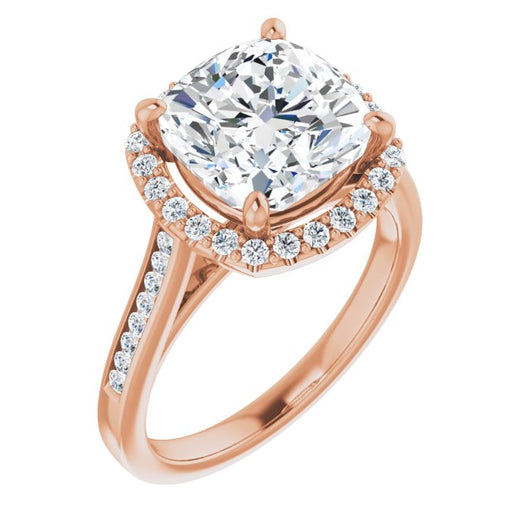 10K Rose Gold Customizable Cushion Cut Design with Halo, Round Channel Band and Floating Peekaboo Accents