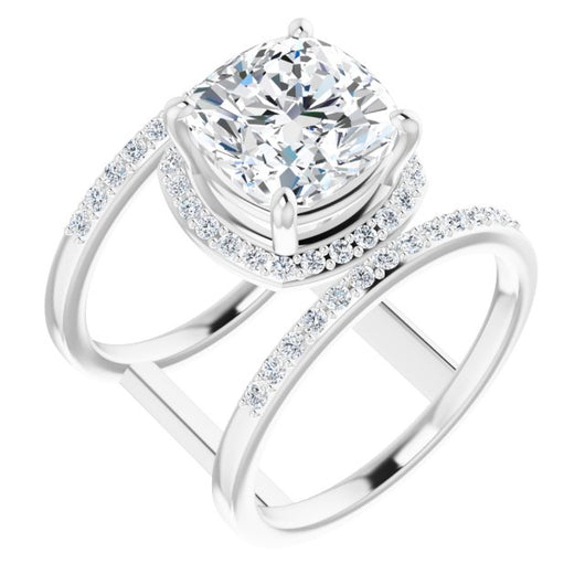 10K White Gold Customizable Cushion Cut Halo Design with Open, Ultrawide Harness Double Pavé Band