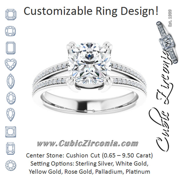 Cubic Zirconia Engagement Ring- The Carlotta (Customizable Cushion Cut Center with 100-stone* "Waterfall" Pavé Split Band)