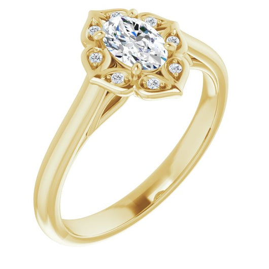 10K Yellow Gold Customizable Cathedral-raised Oval Cut Design with Star Halo & Round-Bezel Peekaboo Accents