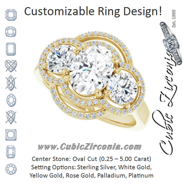 Cubic Zirconia Engagement Ring- The Fritzie (Customizable Cathedral-set Enhanced 3-stone Oval Cut Design with Multidirectional Halo)