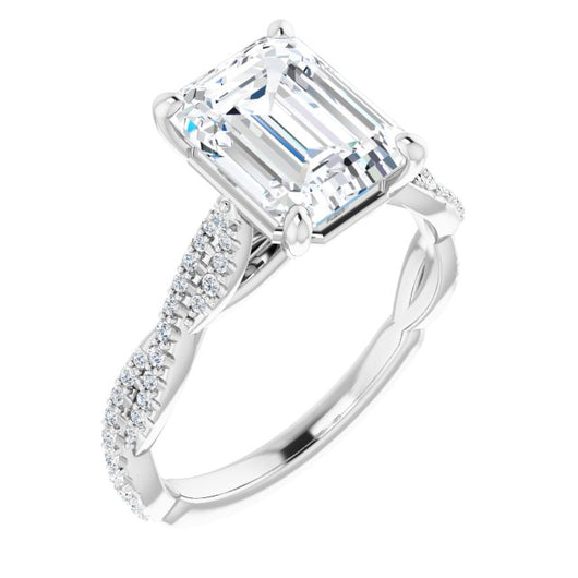 10K White Gold Customizable Emerald/Radiant Cut Style with Thin and Twisted Micropavé Band