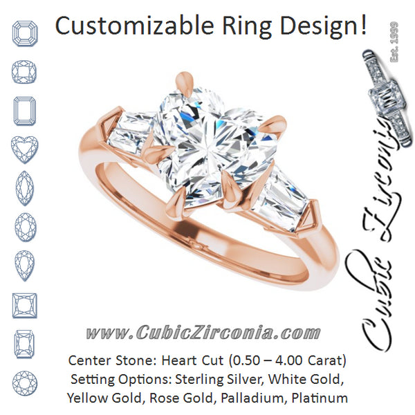 Cubic Zirconia Engagement Ring- The Fortunada (Customizable 5-stone Design with Heart Cut Center and Quad Baguettes)