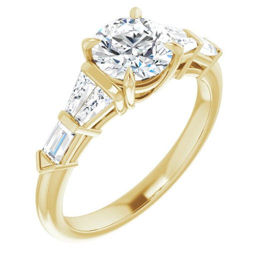 10K Yellow Gold Customizable 7-stone Design with Round Cut Center and Baguette Accents