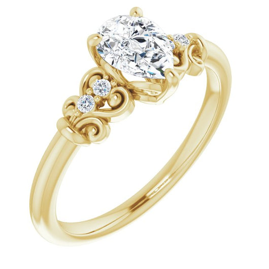 10K Yellow Gold Customizable Vintage 5-stone Design with Pear Cut Center and Artistic Band Décor