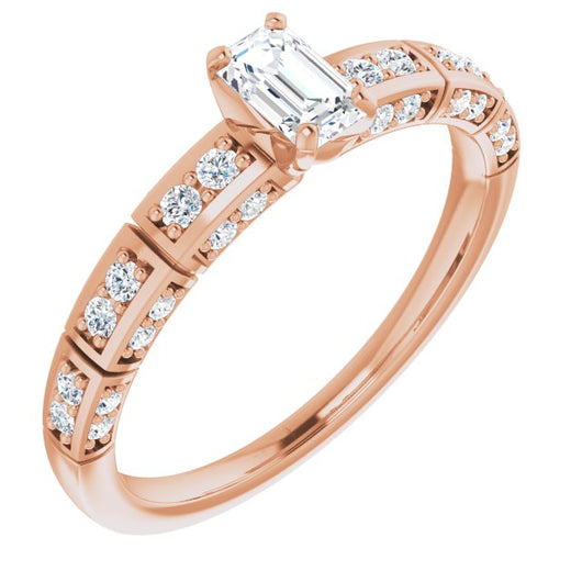 10K Rose Gold Customizable Emerald/Radiant Cut Style with Three-sided, Segmented Shared Prong Band