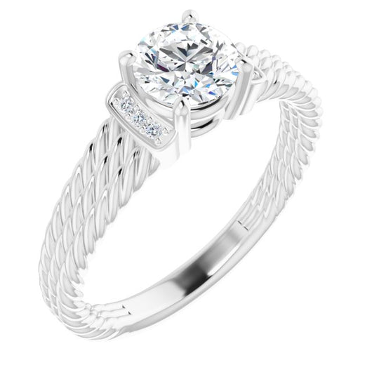 10K White Gold Customizable 11-stone Design featuring Round Cut Center, Vertical Round-Channel Accents & Wide Triple-Rope Band