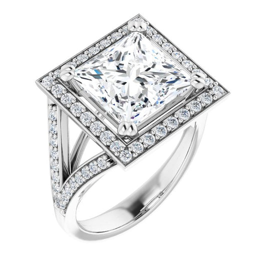 10K White Gold Customizable Cathedral-set Princess/Square Cut Style with Accented Split Band and Halo