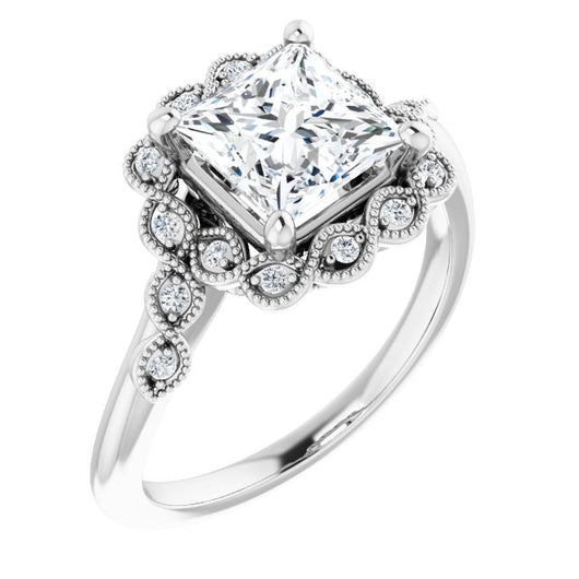 10K White Gold Customizable 3-stone Design with Princess/Square Cut Center and Halo Enhancement