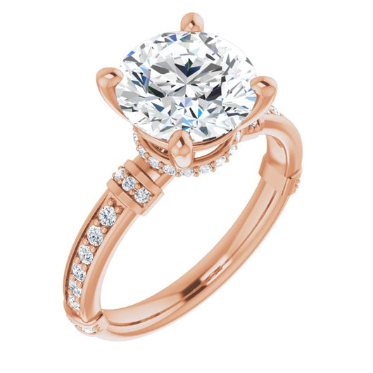 10K Rose Gold Customizable Round Cut Style featuring Under-Halo, Shared Prong and Quad Horizontal Band Accents