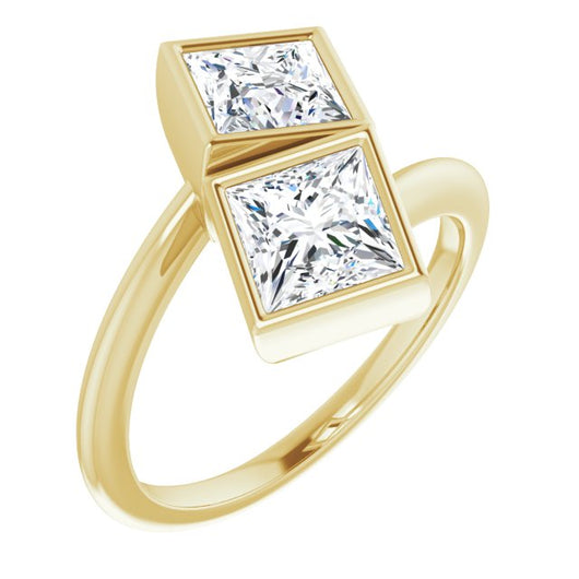 10K Yellow Gold Customizable 2-stone Double Bezel Princess/Square Cut Design with Artisan Bypass Band