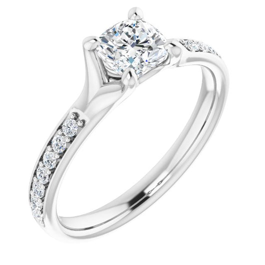 10K White Gold Customizable Heavy Prong-Set Cushion Cut Style with Round Cut Band Accents