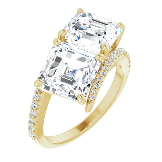 10K Yellow Gold Customizable Double Asscher Cut 2-stone Design with Ultra-thin Bypass Band and Pavé Enhancement