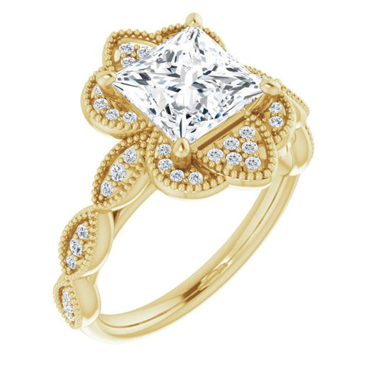 10K Yellow Gold Customizable Cathedral-style Princess/Square Cut Design with Floral Segmented Halo & Milgrain+Accents Band