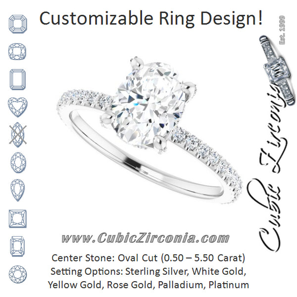 Cubic Zirconia Engagement Ring- The Maleny (Customizable Oval Cut Design with Round-Accented Band, Micropavé Under-Halo and Decorative Prong Accents))