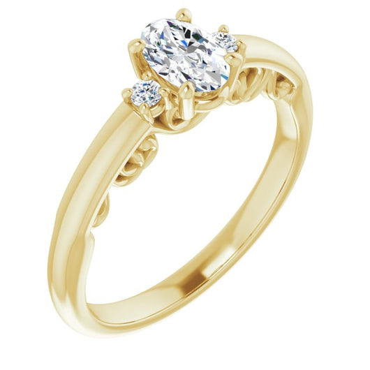 10K Yellow Gold Customizable Oval Cut 3-stone Style featuring Heart-Motif Band Enhancement