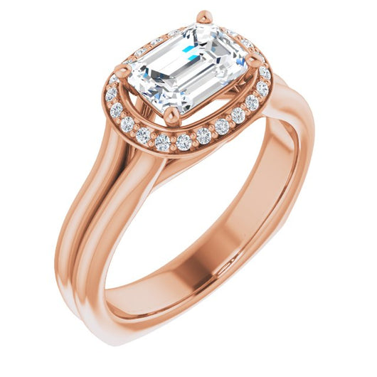 10K Rose Gold Customizable Emerald/Radiant Cut Style with Halo, Wide Split Band and Euro Shank