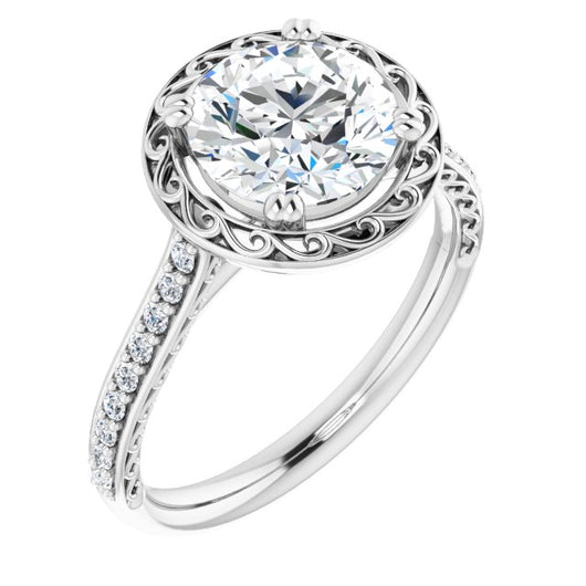 10K White Gold Customizable Round Cut Halo Design with Filigree and Accented Band